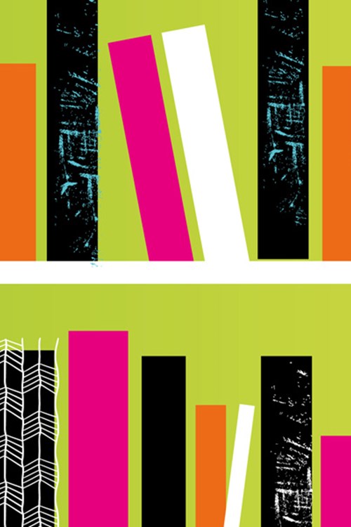 Illustration of a colourful bookshelf with many books on it.
