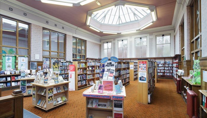 large library area in Couper Institute. The room has a brown carpet and very high ceilings with 2 large skylights.