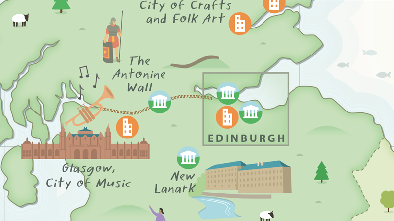 Excerpt of a UNESCO map of the UK showing all their destinations. This section focuses in on Glasgow and the central belt of Scotland.